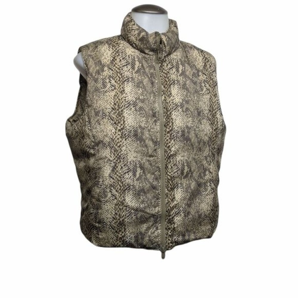 Radley Puffer Vest Women Large Down Waterfowl Reversible Snakeskin Print Beige L